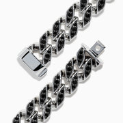 A close-up of the Mens 925 Sterling Silver Black Spinel Chain Link Bracelet featuring marquise-shaped links accented with black spinel stones and a partially open box clasp.