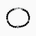 The Mens Sterling Silver Beaded Onyx Bracelet, 41.80 TCW, features black round beads, sterling silver accents, and a silver wolf head charm—an ideal accessory for Effy mens bracelet fans.