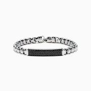 Mens 925 Sterling Silver Chain Link Black Spinel Bracelet, 3.15 TCW, features a rectangular black plate with shiny spinel stones and is shown on a plain white background.