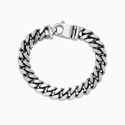 The Mens 925 Sterling Silver Chain Link Bracelet features thick Cuban links and a secure box clasp, displayed in a circular shape on a white background.