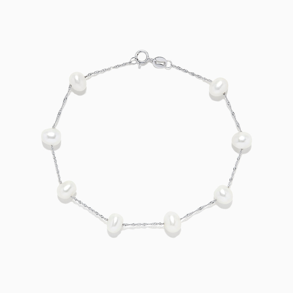 The 14K White Gold Cultured Fresh Water Pearl Station Bracelet features evenly spaced pearls and a lobster clasp, shown on a white background.