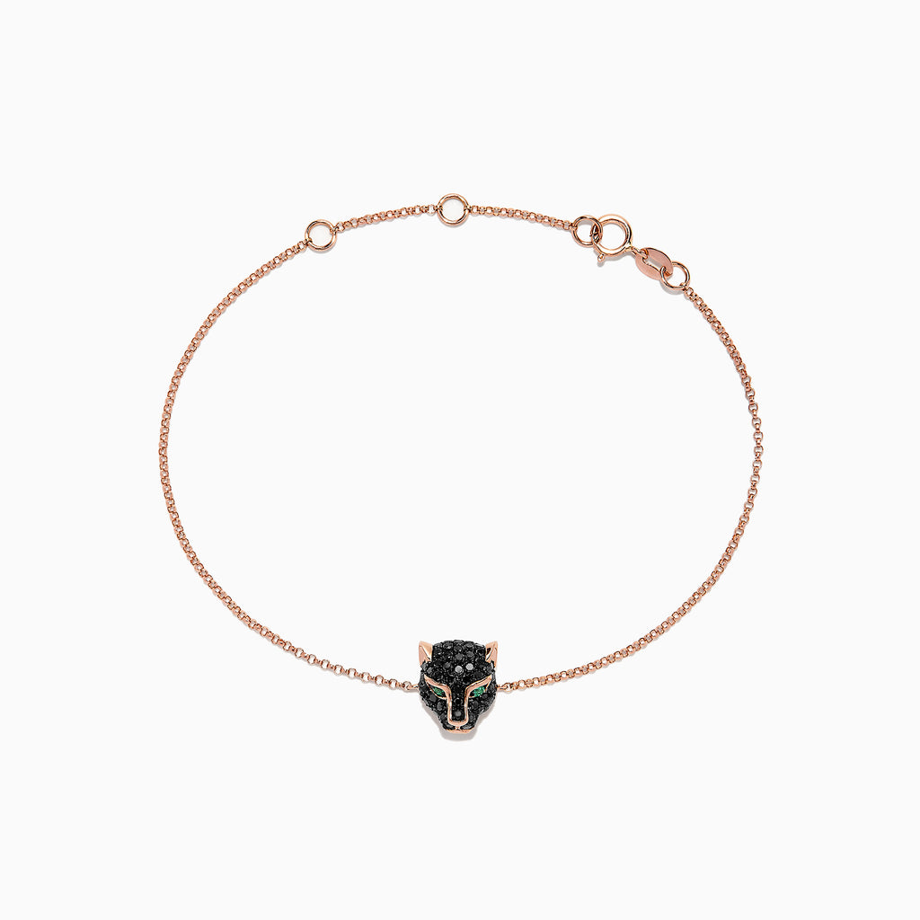 The Signature 14K Rose Gold Black Diamond & Emerald Bracelet, 0.44 TCW, features a delicate chain with a panther head charm set with black diamonds and emeralds, shown on a plain white background.