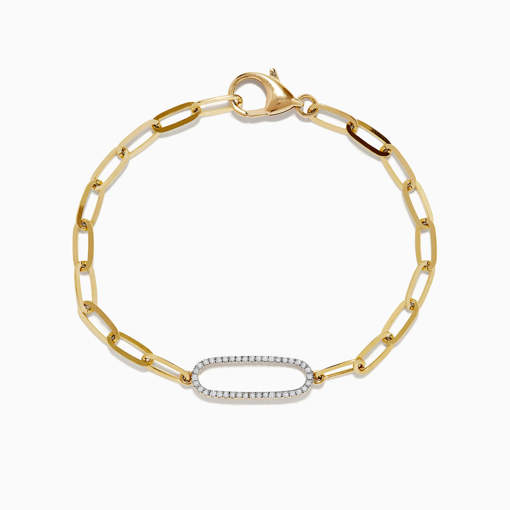 The Doro 14K Yellow Gold Diamond Paperclip Bracelet 0.16 TCW features a chain link design with an oval diamond-encrusted centerpiece and secure lobster clasp, shown on a white background—a stunning accessory for any occasion.