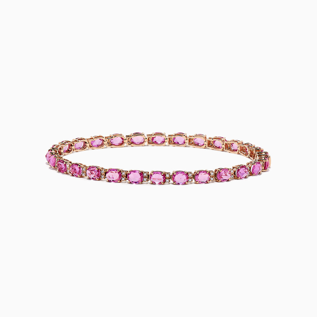 The 14K Rose Gold Pink Sapphire and Diamond Tennis Bracelet (9.03 TCW) features a single row of round pink sapphires in prong settings, displayed against a white background.