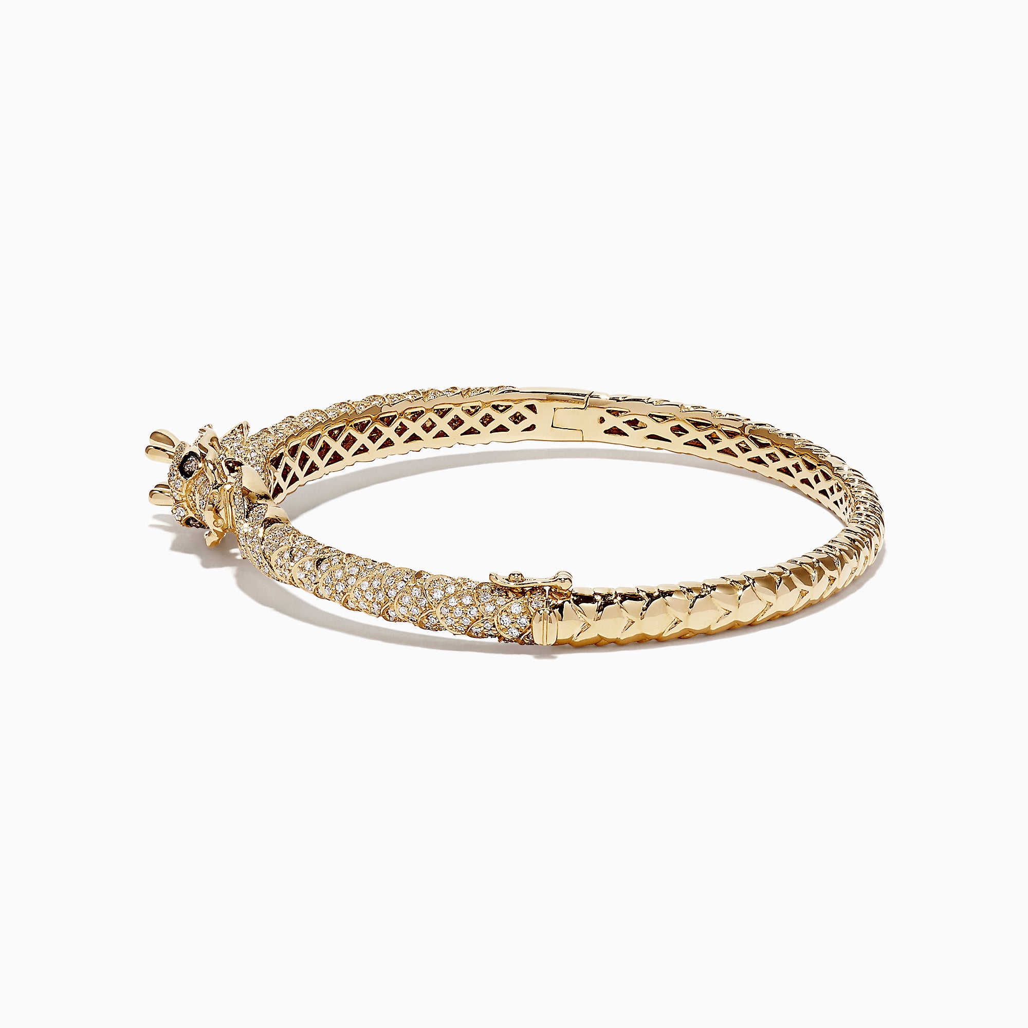 The Safari 14K Yellow Gold Diamond Dragon Bangle, 1.83 TCW, features sparkling diamonds and a detailed dragon head and tail clasp, inspired by the Effy Safari collection and showcased on a white background.
