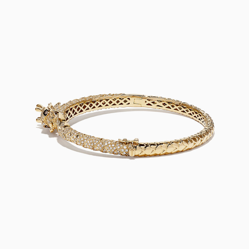 The Safari 14K Yellow Gold Diamond Dragon Bangle, 1.83 TCW, features sparkling diamonds and a detailed dragon head and tail clasp, inspired by the Effy Safari collection and showcased on a white background.