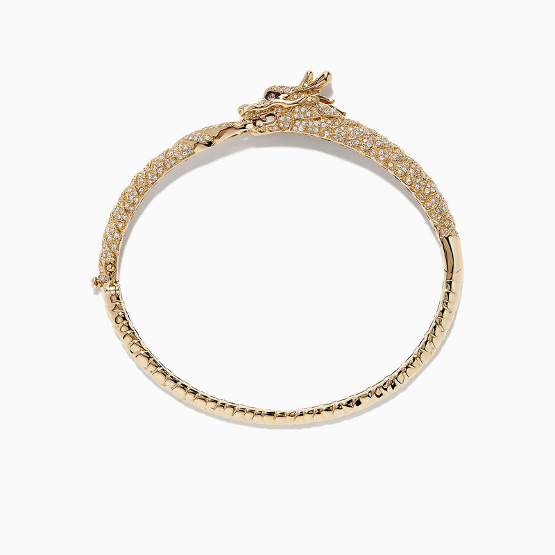 The Safari 14K Yellow Gold Diamond Dragon Bangle, 1.83 TCW, features sparkling diamonds and a detailed dragon head and tail clasp, inspired by the Effy Safari collection and showcased on a white background.
