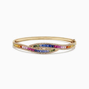 The Watercolors 14K Gold Multi Sapphire and Diamond Bangle, 4.17 TCW, features intertwined rows of sapphires and diamonds in a wave pattern with a side clasp.