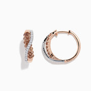 14K 2-tone gold crossover hoop earrings with 1.00 TCW brown and white diamonds, shown on a white background.