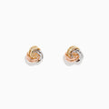The 14K Three Color Gold Double Love Knot Earrings showcase intertwined gold, silver, and rose gold loops in a classic knot design, set against a plain white background.