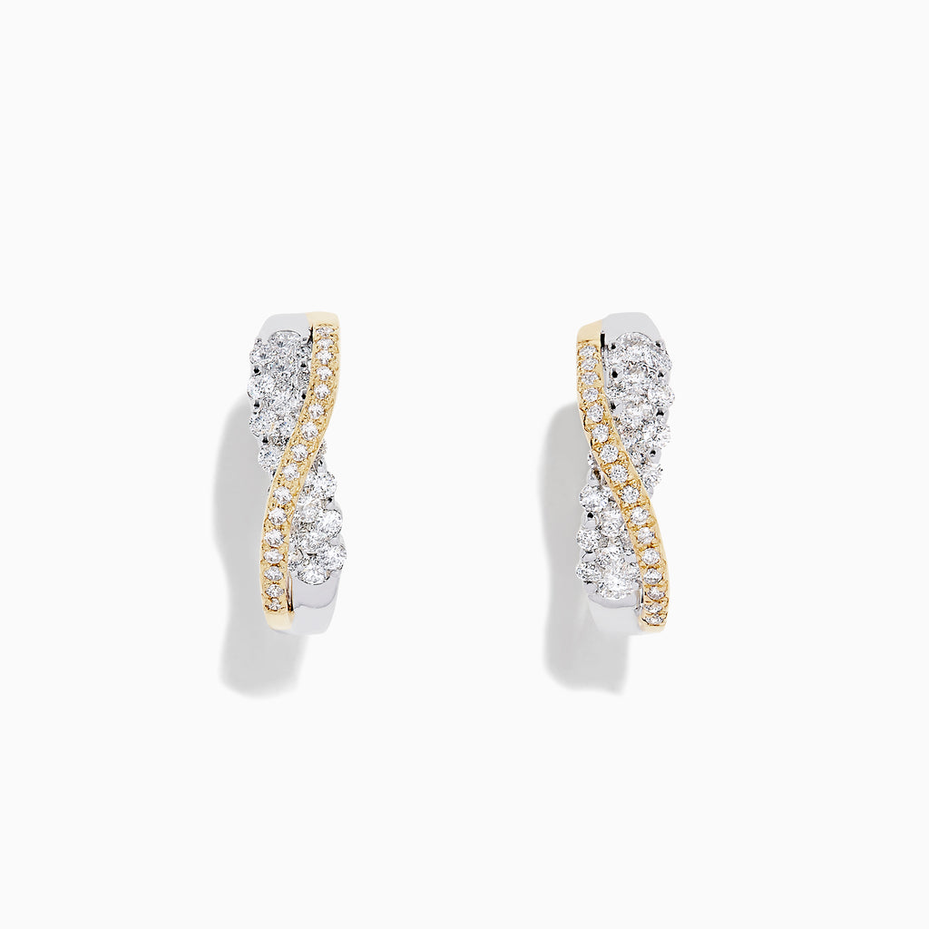 A pair of 14K White and Yellow Gold 3/4 Diamond Crossover Hoop Earrings (1.00 TCW) featuring a curved design with silver and gold tones, sparkling with encrusted diamonds against a plain white background.