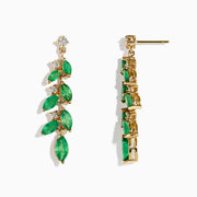 The Brasilica 14K Yellow Gold Emerald and Diamond Drop Earrings feature alternating marquise emeralds and round diamonds in a leaf-and-flower motif, displayed on a white background.