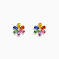 Watercolors 14K Gold Multi Sapphire and Diamond Flower Stud Earrings feature vibrant blue, yellow, orange, green, purple, and pink sapphires in a dazzling floral design with sparkling diamonds on each petal.