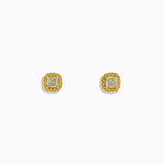 A pair of 18K yellow gold cushion halo stud earrings with 0.73 TCW yellow diamonds, displayed on a white background.