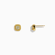 A pair of 18K yellow gold cushion halo stud earrings with 0.73 TCW yellow diamonds, displayed on a white background.