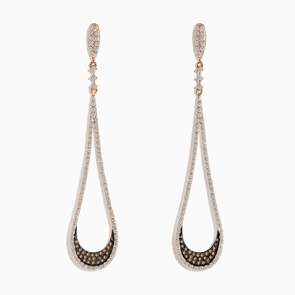 Elegant 14K rose gold drop earrings, 1.70 TCW, adorned with brown and white diamonds, showcased against a white background.