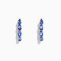 A pair of 925 Sterling Silver Tanzanite hoop earrings by Effy, total carat weight 3.49, featuring four round blue gemstones set vertically against a white background.