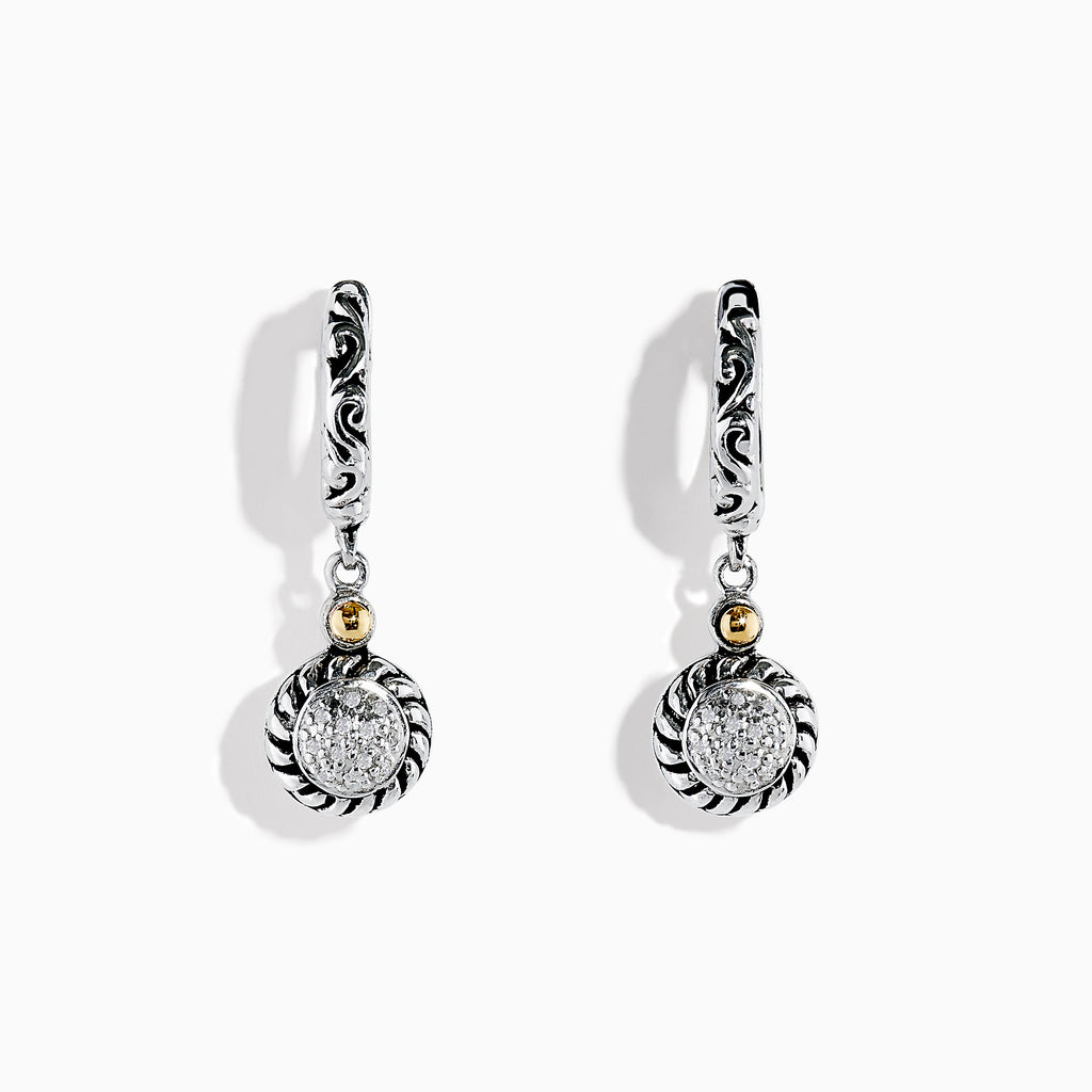 A pair of 925 Sterling Silver and 18K Yellow Gold Diamond Drop Earrings with intricate swirl designs and round pavé-set diamond centers, displayed on a white background.