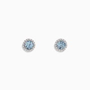 Aquarius 14K White Gold Aquamarine and Diamond Earrings, 1.12 TCW—round studs featuring aquamarine gems encircled by diamonds, set in white gold on a plain white background.