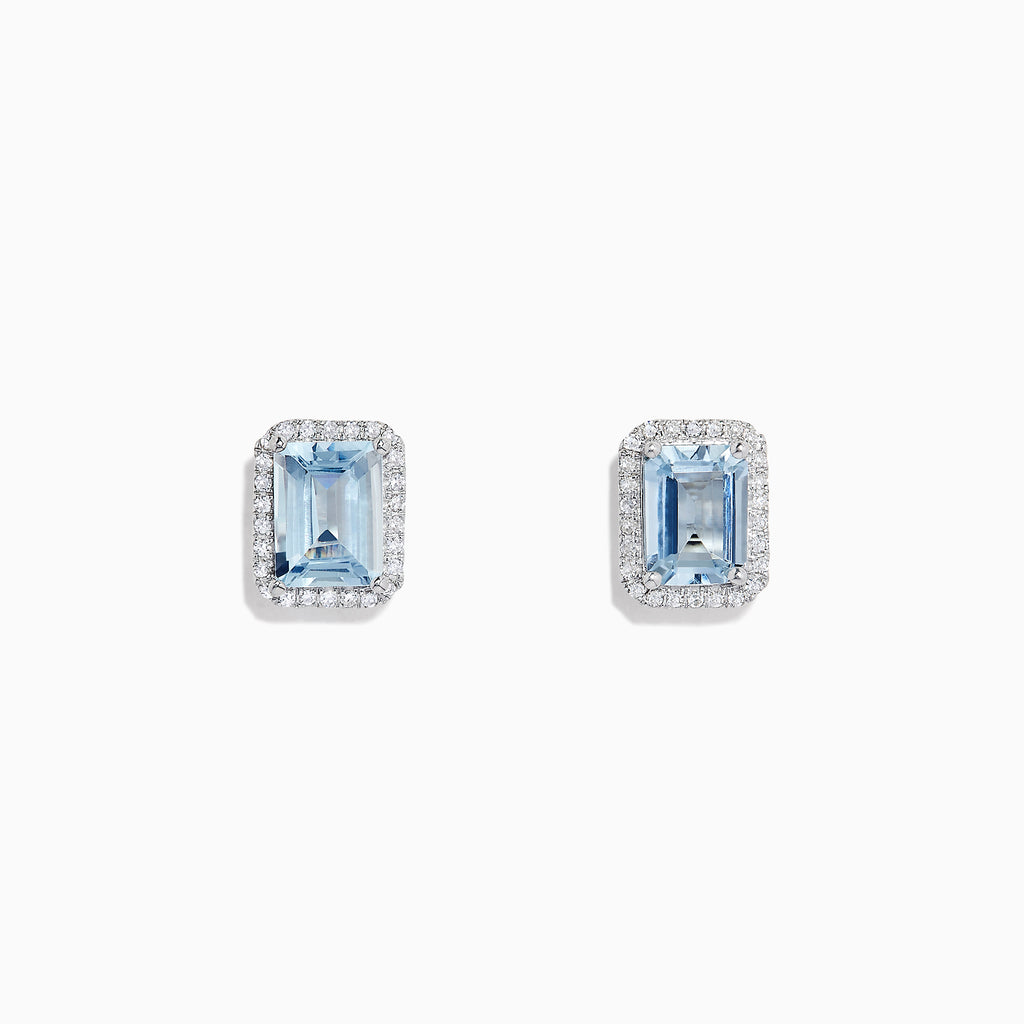 Aquarius 14K White Gold Aquamarine and Diamond Earrings, 2.80 TCW, feature rectangular aquamarines framed by a halo of white diamonds, set in 14K white gold and shown on a plain white background.