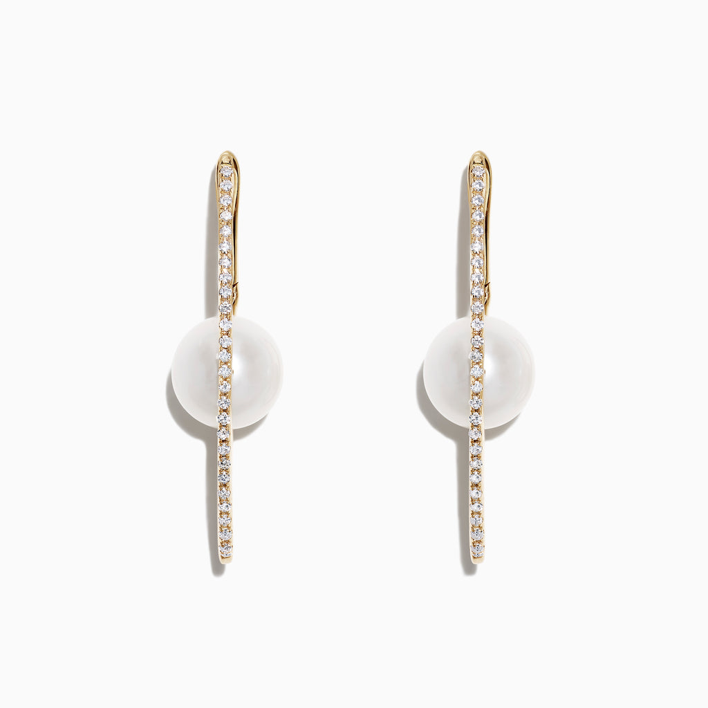 The 14K Gold Cultured Fresh Water Pearl & Diamond Hoop Earrings, 0.20 TCW, showcase a vertical row of diamonds with a round freshwater pearl behind each diamond bar, presented on a white background.