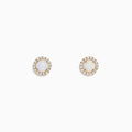 The Aurora 14K Yellow Gold Opal and Diamond Earrings, 0.87 TCW, feature round studs with central opals encircled by sparkling diamonds, set in yellow gold and shown on a white background.