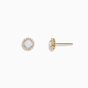 The Aurora 14K Yellow Gold Opal and Diamond Earrings, 0.87 TCW, feature round studs with central opals encircled by sparkling diamonds, set in yellow gold and shown on a white background.