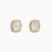 Aurora 14K yellow gold stud earrings with rectangular opals, each framed by sparkling white diamonds, shown on a white background.