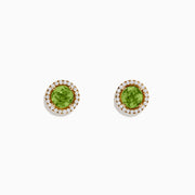14k Yellow Gold Peridot and Diamond Stud Earrings, 2.21 TCW, feature round peridot centers encircled by a diamond halo, displayed on a white background.