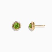14k Yellow Gold Peridot and Diamond Stud Earrings, 2.21 TCW, feature round peridot centers encircled by a diamond halo, displayed on a white background.