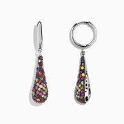 Splash Sterling Silver Multi Color Sapphire Drop Earrings, 4.10 TCW, feature teardrop-shaped pendants with vibrant sapphires in varied hues on sterling silver hooks. The earrings are photographed against a white background.