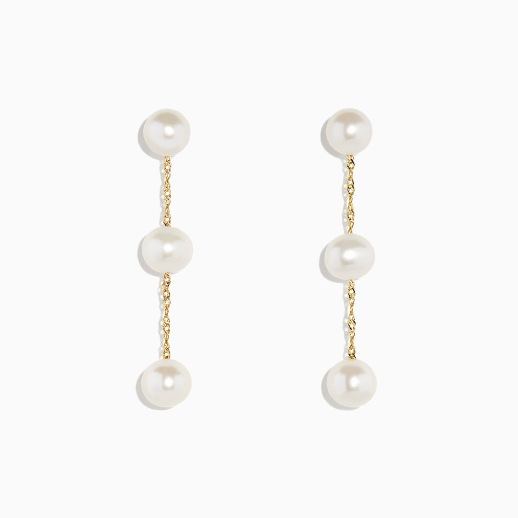 The 14K Yellow Gold Cultured Fresh Water Pearl Drop Earrings feature three round pearls on each earring, linked by delicate gold chains and shown against a white background.