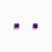 A pair of 14K Yellow Gold Amethyst Stud Earrings featuring square-cut purple gemstones, shown on a plain white background.