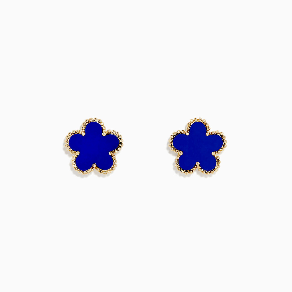 The Novelty 14K Yellow Gold Lapis Flower Stud Earrings feature gold-trimmed, blue four-petal blooms and are displayed on a white background.