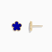The Novelty 14K Yellow Gold Lapis Flower Stud Earrings feature gold-trimmed, blue four-petal blooms and are displayed on a white background.