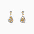 Elegant 14K two tone gold drop earrings, 1.40 TCW, featuring teardrop yellow and white diamonds in floral patterns with sparkling borders and a small teardrop gem at the top.