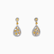 Elegant 14K two tone gold drop earrings, 1.40 TCW, featuring teardrop yellow and white diamonds in floral patterns with sparkling borders and a small teardrop gem at the top.