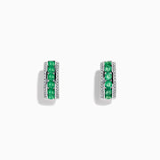 A pair of 14k White Gold Emerald and Diamond Huggie Hoop Earrings, 1.51 TCW, featuring a row of emeralds between two rows of diamonds, displayed on a plain white background.