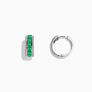 A pair of 14k White Gold Emerald and Diamond Huggie Hoop Earrings, 1.51 TCW, featuring a row of emeralds between two rows of diamonds, displayed on a plain white background.
