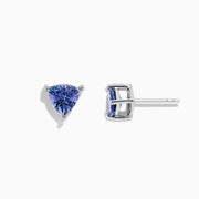 Nahla Siri Sterling Silver Tanzanite Stud Earrings, 1.52 TCW, feature triangular-cut gemstones in three-prong mounts and are shown on a white background.