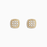 The Pave Classica 14K Yellow Gold Square Diamond Stud Earrings feature a 0.97 TCW cluster of round white stones in a floral design, framed by additional diamonds for a radiant look.