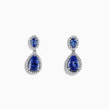 Nahla Siri 14K Gold Tanzanite and Diamond Earrings, 2.90 TCW, showcase elegant oval and teardrop blue tanzanites bordered by sparkling diamonds in a 14K gold setting on a white background.