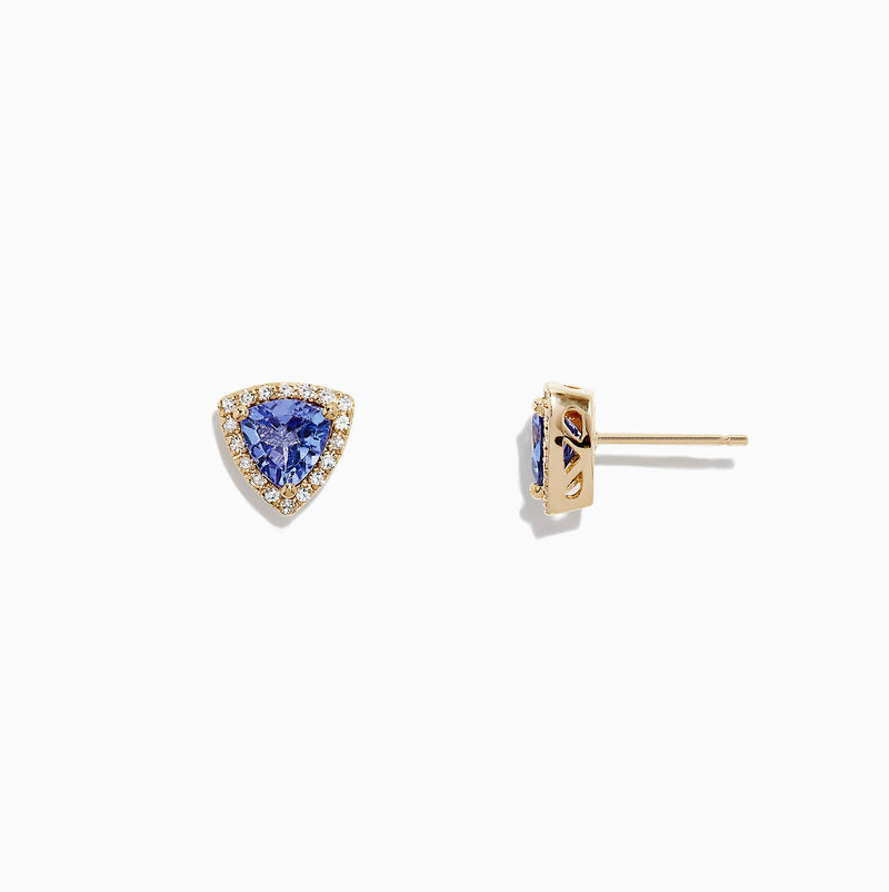A pair of Nahla Siri 14K Yellow Gold Tanzanite and Diamond Stud Earrings, 1.19 TCW, featuring triangular blue stones surrounded by diamonds, is displayed on a white background.