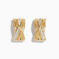 The D’Oro 14K Brushed Yellow Gold 3/4 Diamond French Clip Earrings showcase an overlapping crisscross design with a central row of vertically set diamonds, all in polished yellow gold, photographed on a white background.