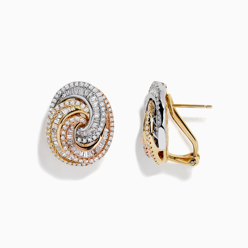 The Trio 14K Tri-Tone Gold French Clip Diamond Statement Earrings, 1.08 TCW, feature oval interlocking swirls in gold, rose gold, and silver with rows of sparkling diamonds on a white background.