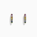 A pair of Watercolors 14K Gold Multi Sapphire Mini Hoop Earrings, 0.66 TCW, featuring small sapphires in a vertical line, displayed on a white background.
