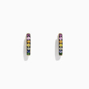A pair of Watercolors 14K Gold Multi Sapphire Mini Hoop Earrings, 0.66 TCW, featuring small sapphires in a vertical line, displayed on a white background.