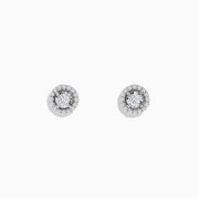 The Pave Classica 14K White Gold Diamond Halo Stud Earrings, featuring 0.48 TCW diamonds, are displayed on a plain white background.