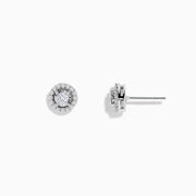 The Pave Classica 14K White Gold Diamond Halo Stud Earrings, featuring 0.48 TCW diamonds, are displayed on a plain white background.