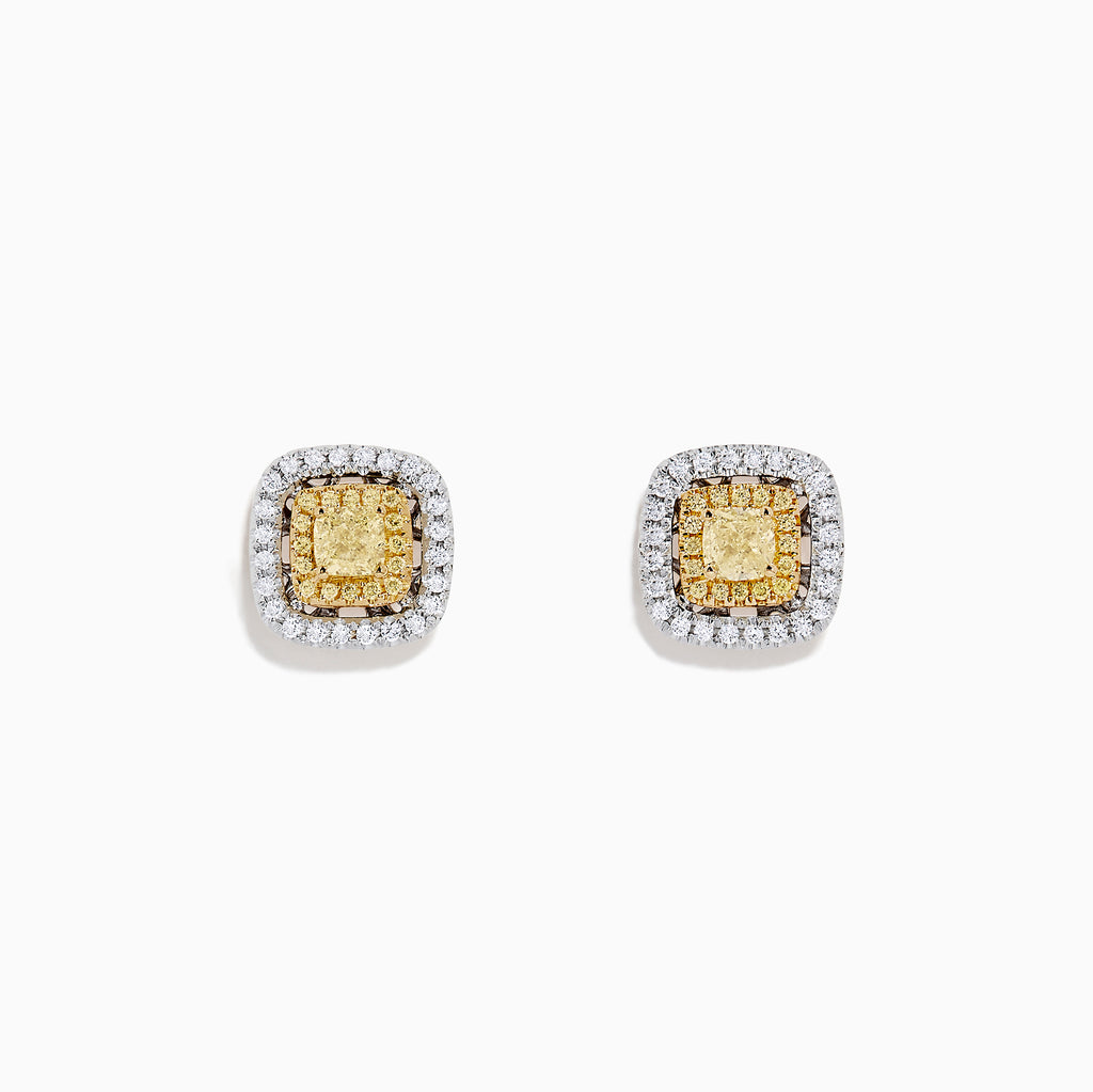 The Canare 18K Two Tone Gold Double Halo Yellow Diamond Stud Earrings (0.76 TCW) feature a cluster of yellow diamonds at the center, bordered by small white stones, set against a plain white background.